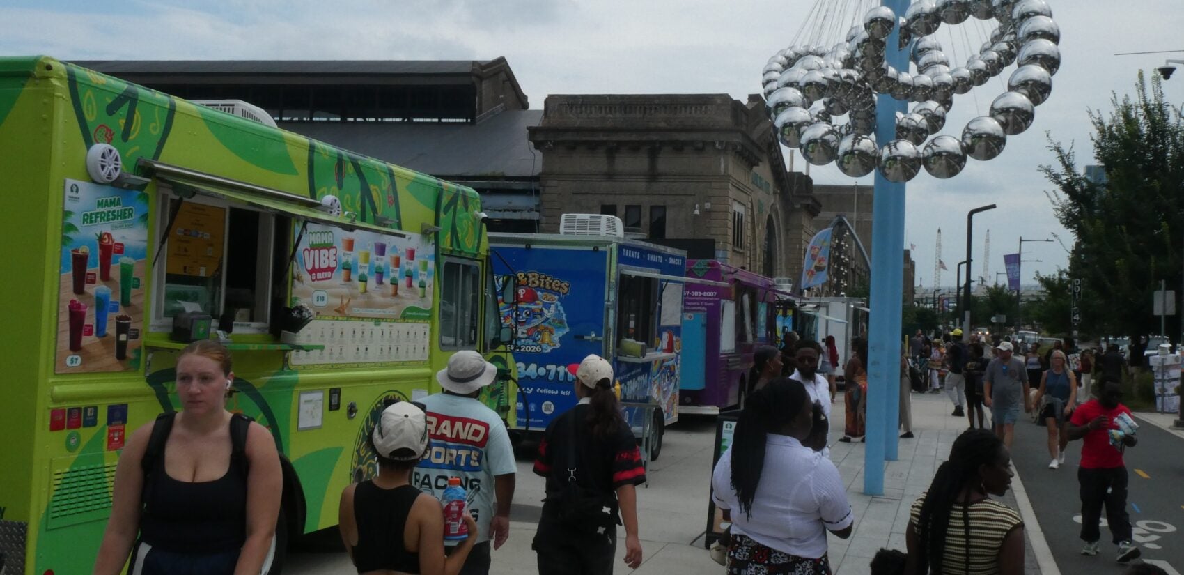 Food trucks lined up outside of Cherry Street Pier