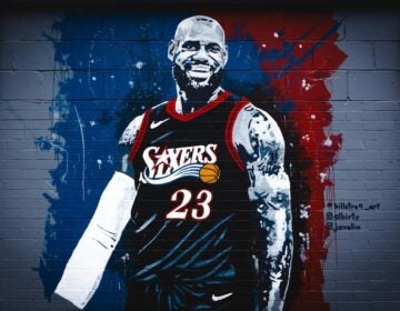 lebron-james-mural-philadelphia-sixers-bp-081126 A LeBron James mural from artist Bill Strobel