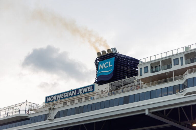 The Norwegian Jewel departs from the Philaport Terminal in Tinicum, Pennsylvania