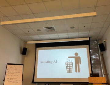 philadelphia-library-avoiding-ai-workshop copy A projector shows a slide that reads