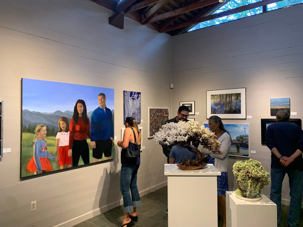 People look at paintings at the Regional Juried Biennial Exhibition