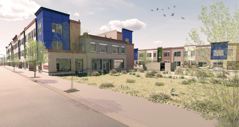 A rendering shows a housing complex with green space in the front.