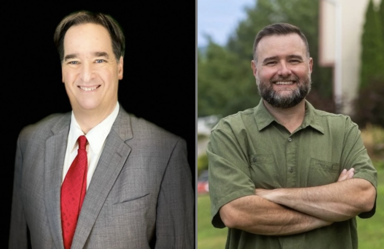 Side-by-side photos of candidates Scott Timko and Brandon Dukes.