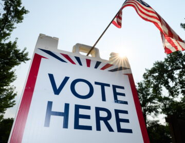 Minnesota Holds Its Primary Election Ahead Of Midterms Signage directs voters at a polling place in White Bear Township, Minn., on Aug. 11.