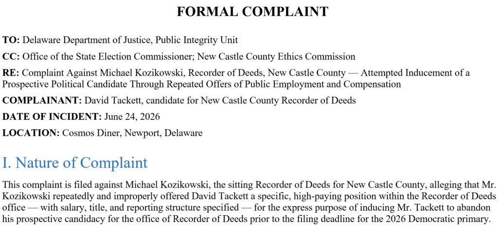 Tackett submitted a formal complaint