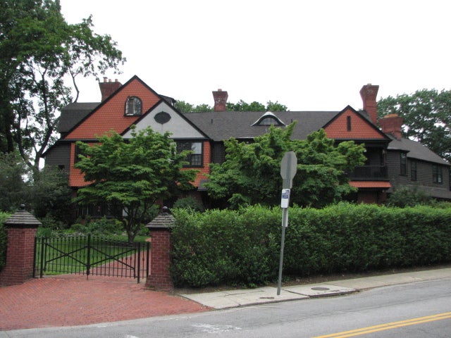 The front of the rambling estate sits at an angle to the streets.