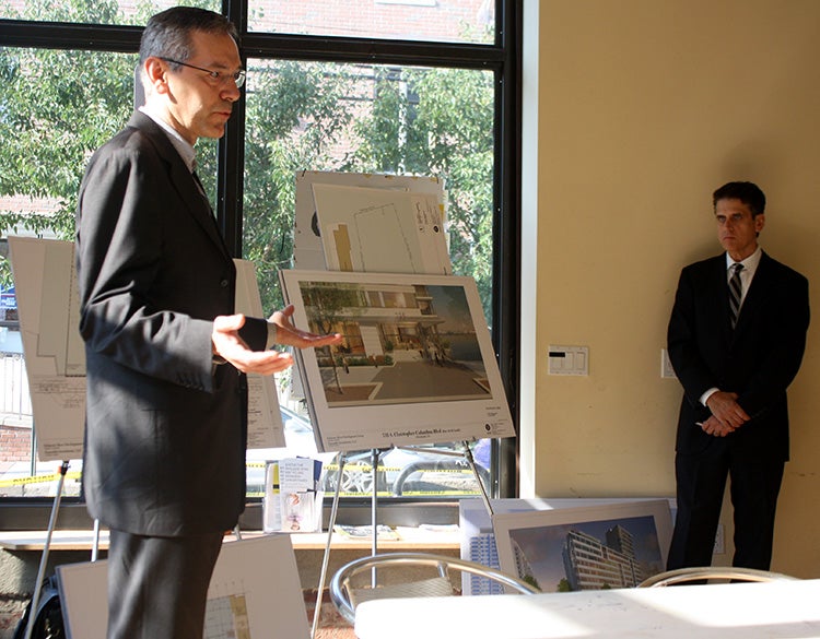 David Ertz of Cope Linder Architects and Ron Patterson of law firm Klehr Harrison Harvey Branzburg present plans to CDAG