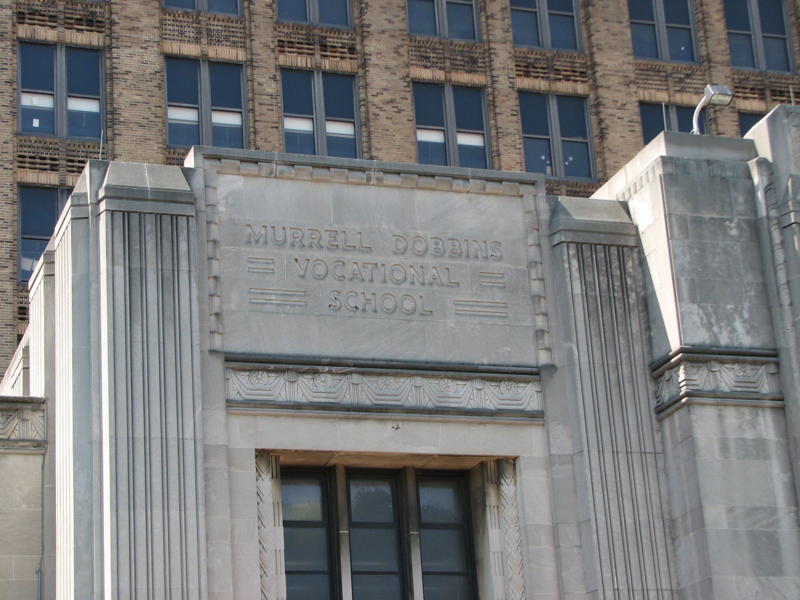 Dobbins Vocational School was built in 1936 in the Art Deco style by Irwin T. Catharine.