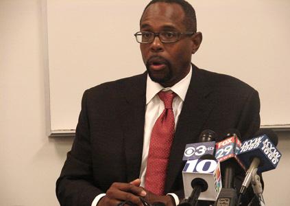 Acting Superintendent Leroy Nunery at press briefing this morning where he announced recommended school closings.