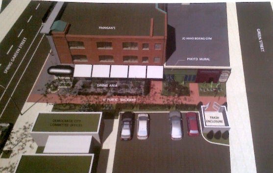 Rendering showing the proposed patio and public walkway on Bodine
