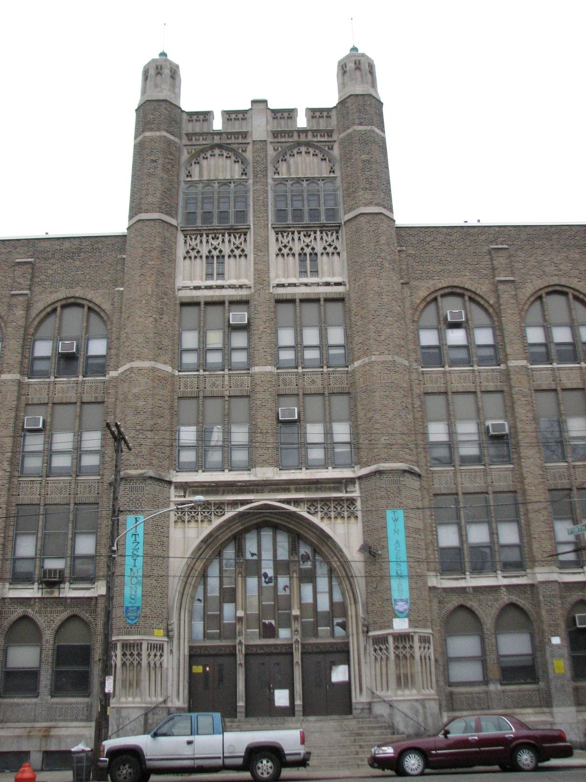 The entrance tower of Fitzsimons Middle School, 2601 West Cumberland Street.