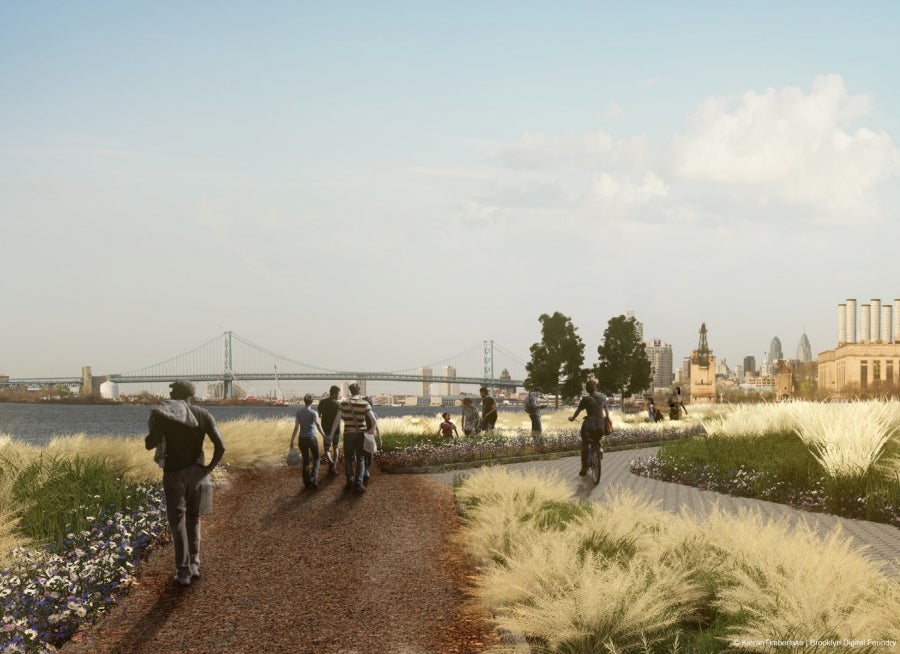 A rendering of a section of waterfront trail from the Central Delaware Master Plan