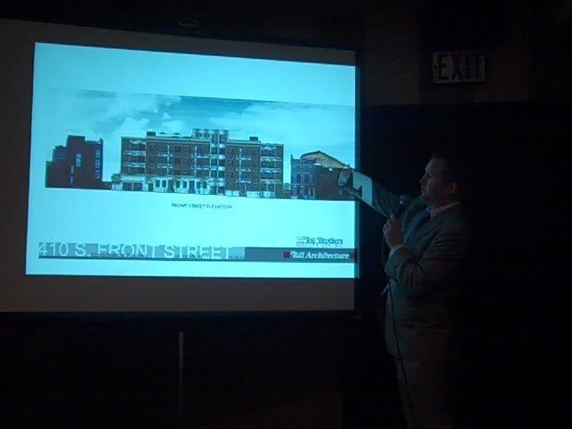 Toll Brothers Vice President Brian Emmons presents the project to Society Hill residents