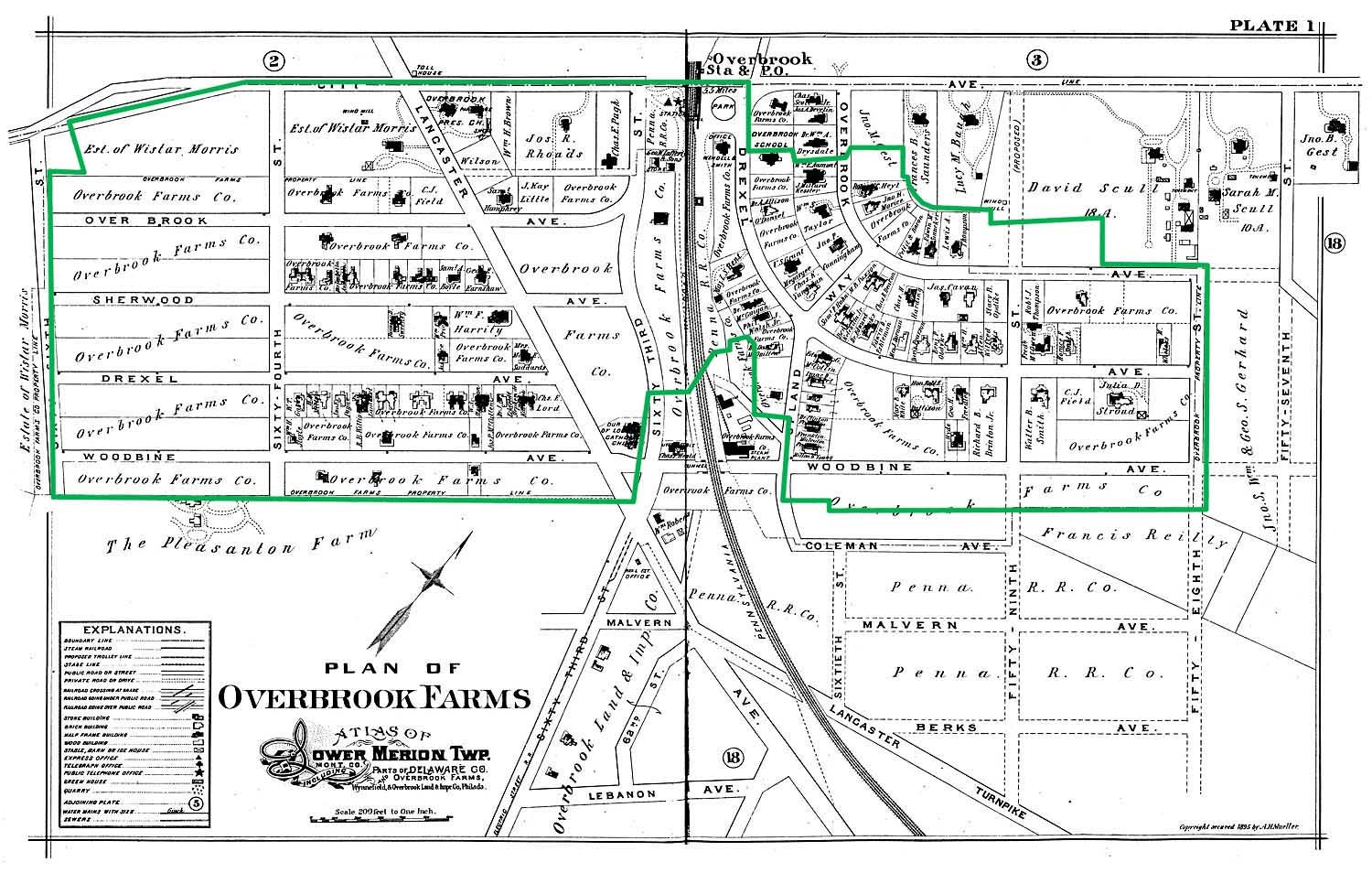 1896 Plan of Overbrook Farms with rough outline of proposed historic district boundaries overlaid. 