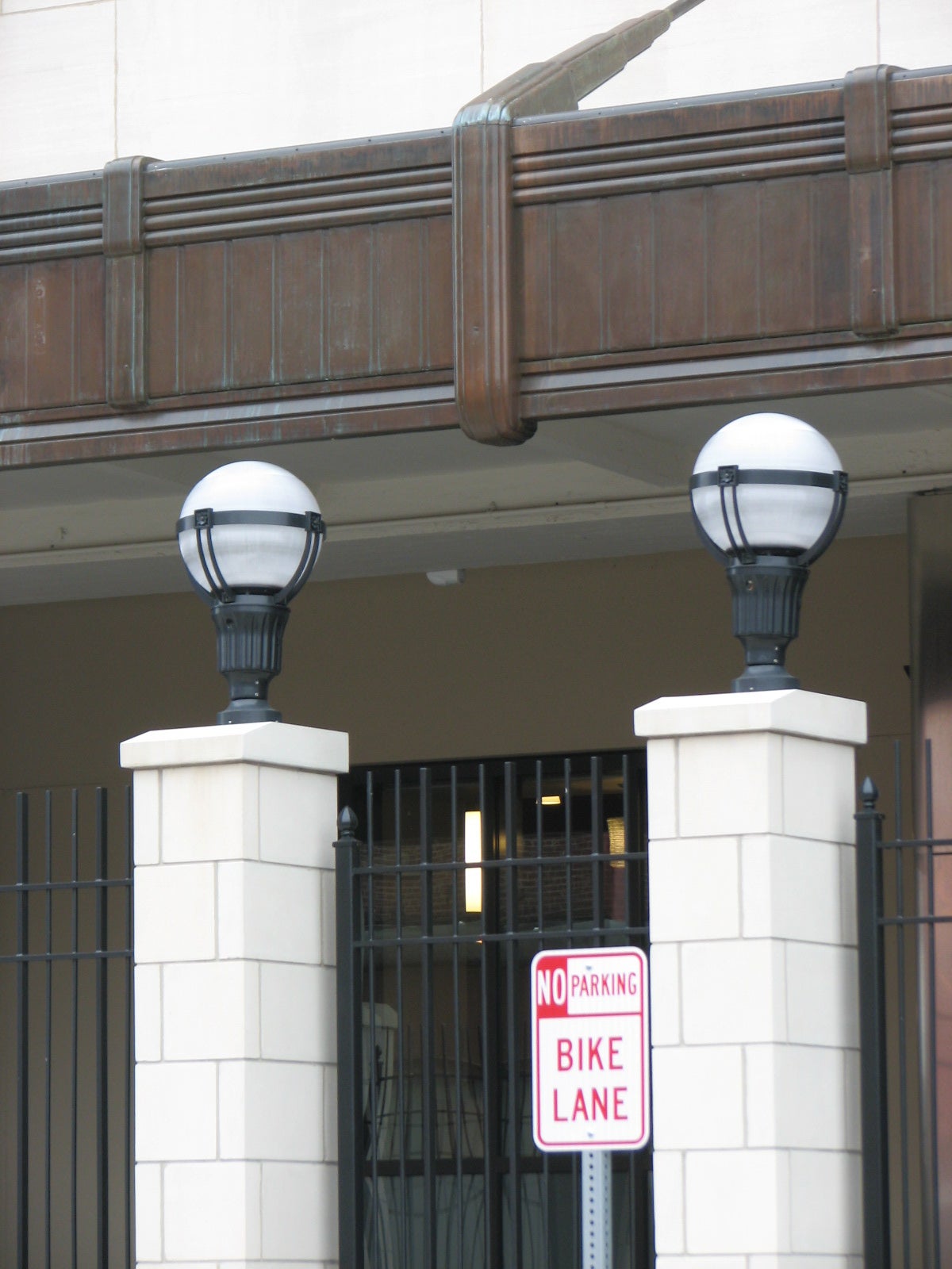 Art Deco globe lamps were restored on the west side.