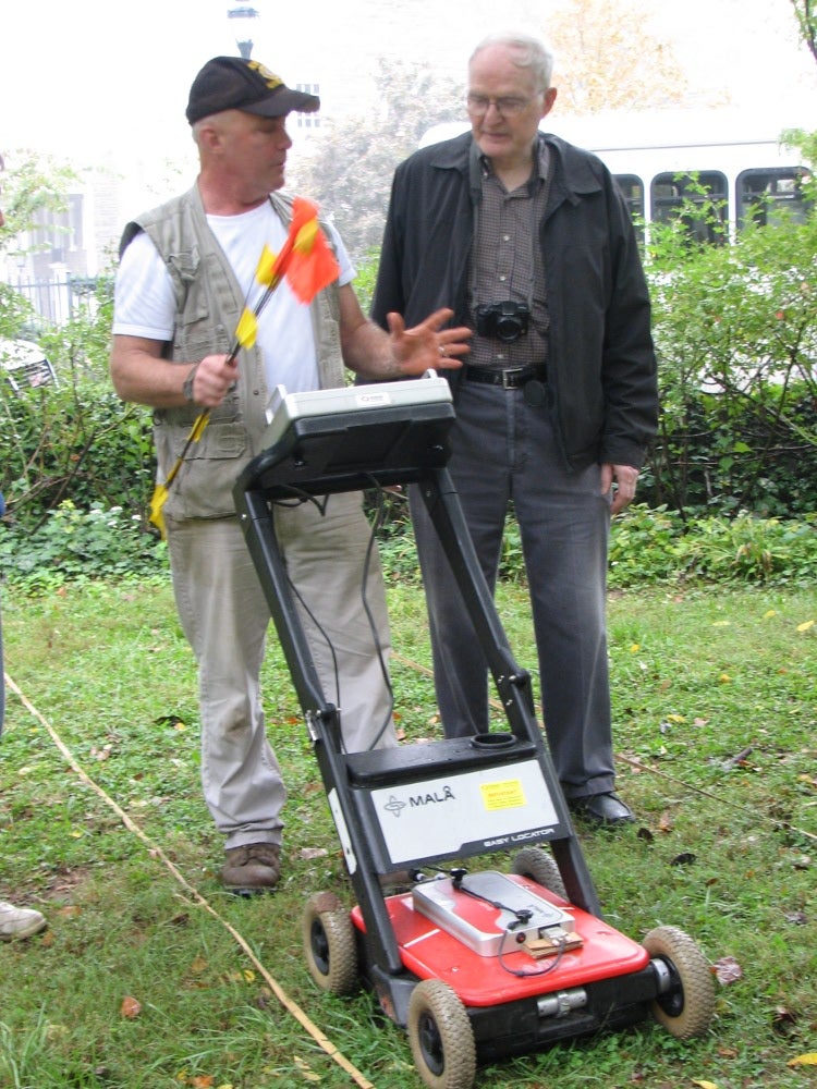 Eugene Hough of Heritage Guildworks explains what the radar shows to Friends of  Lovett treasurer Irv Miller