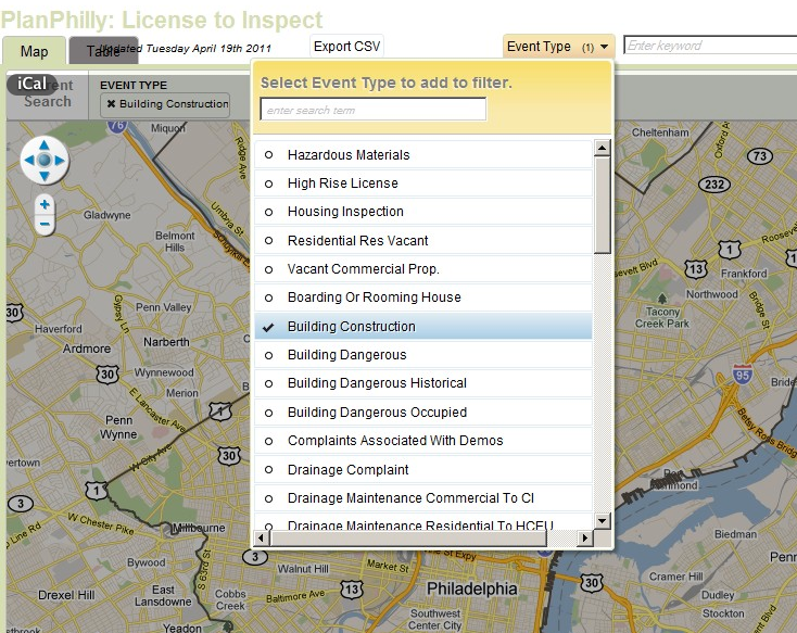 A screenshot of a draft of the License to Inspect tool, built by Azavea for PlanPhilly using the new L&I app