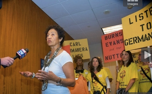 Yvonne Haskins talks to a TV reporter. (Bas Slabbers/for NewsWorks)