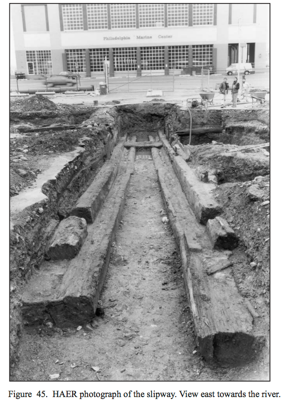 The shipway found on the eastern portion of the site in 1987 / Philadelphia Archaeological Forum