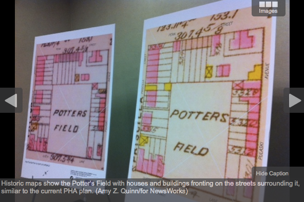 Historic maps show the Potter's Field with houses and buildings fronting on the streets surrounding it.