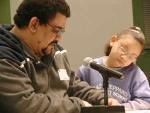 Photo: Benjamin Herold Parent Jose Villafane, with daughter Kianna, testified before the School Reform Commission