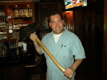 Mike Scoats Scotese, owner of the Grey Lodge Pub and Hop Angel Brauhaus, kicks off Philly Beer Week with the Hammer of Glory.