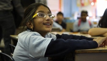 Laura Rubenstein and her fourth-grade classmates at Anne Frank School use Skype to chat with Astronaut Tim and learn about space.  Lindsay Lazarski/NewsWorks