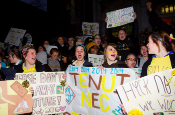 Past, present and future Bambies gathered early Friday morning outside the school ahead of an announcement the community will try to raise $1.2 million to keep St. Hubert's open. Photo/Michelle Al