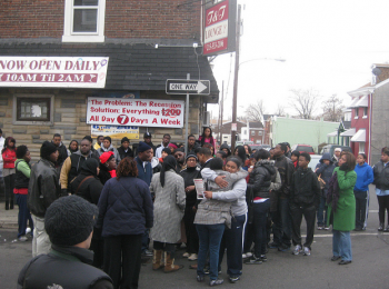 Family and friends gathered last February outside the T&T bar to remember Christopher Spence, who was fatally shout outside the now-closed establishment. Photo/Shannon McDonald