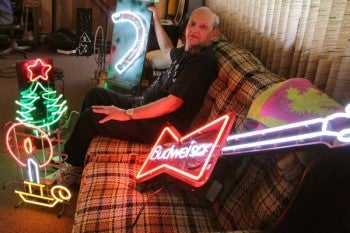 Morrell Park resident Nick Mancuso with some of his neon work to be displayed in an exhibit at Center for Architecture, 1218 Arch St. NewsWorks Photo/Emma Lee