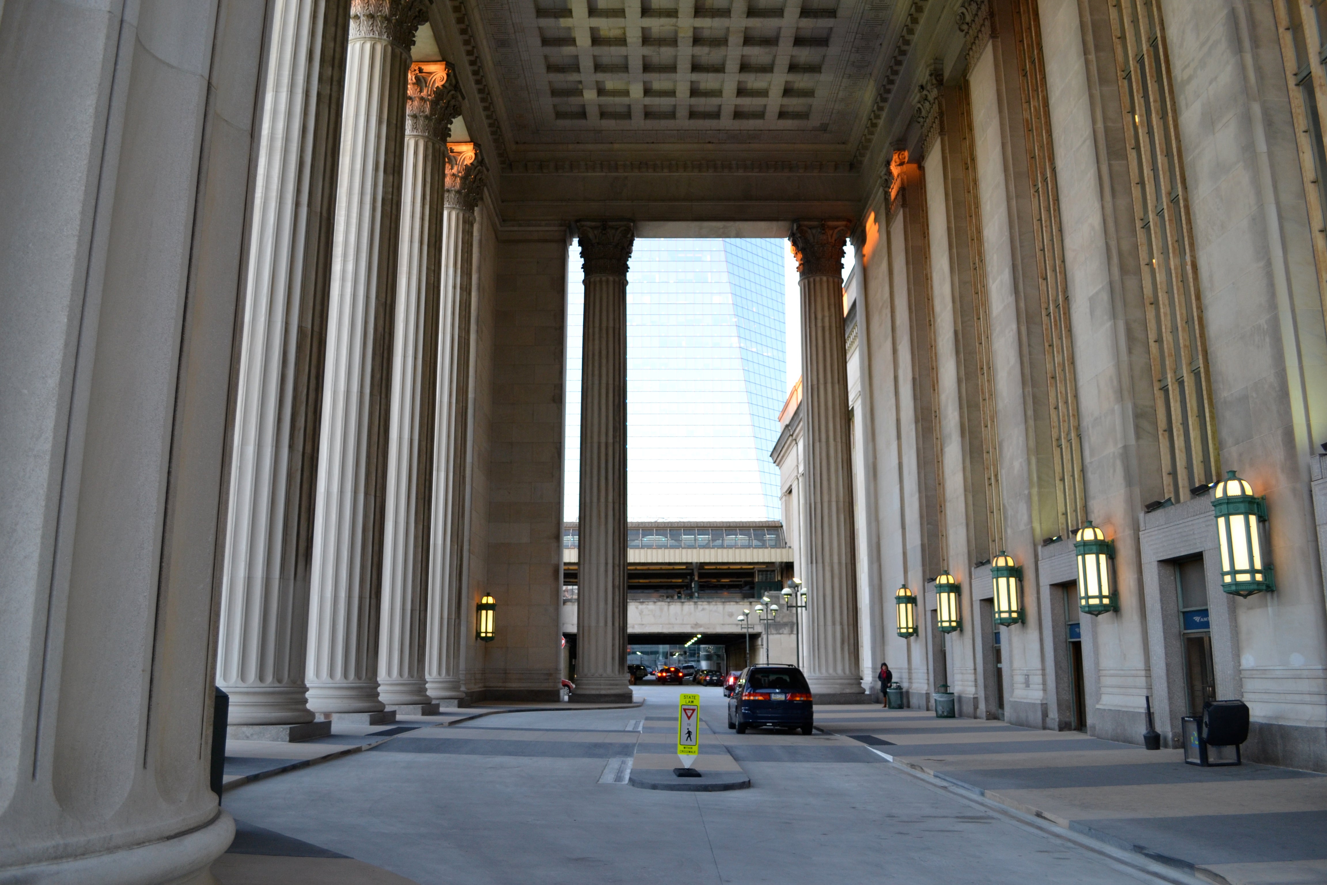 The revamped west plaza has new lighting and an at-grade crosswalk