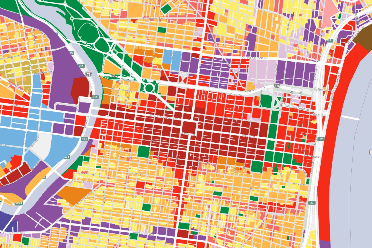 Zoning classifications for Center City. Remapping for much of Center City has not been completed yet.