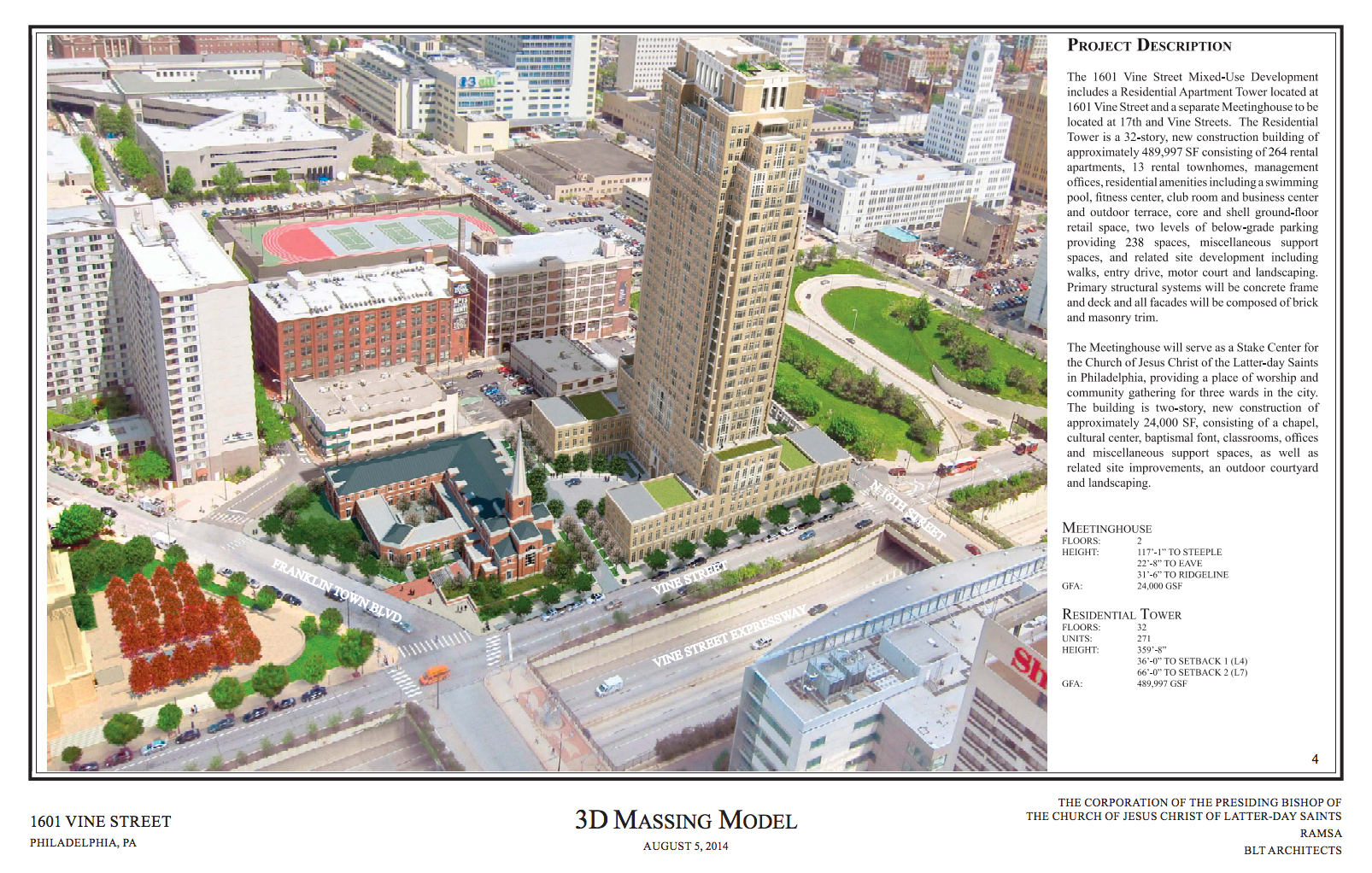 1601 Vine Street, Meeting House for the Church of Jesus Christ of Latter Day Saints with associated 277 dwelling unit residential tower and associated retail space. 