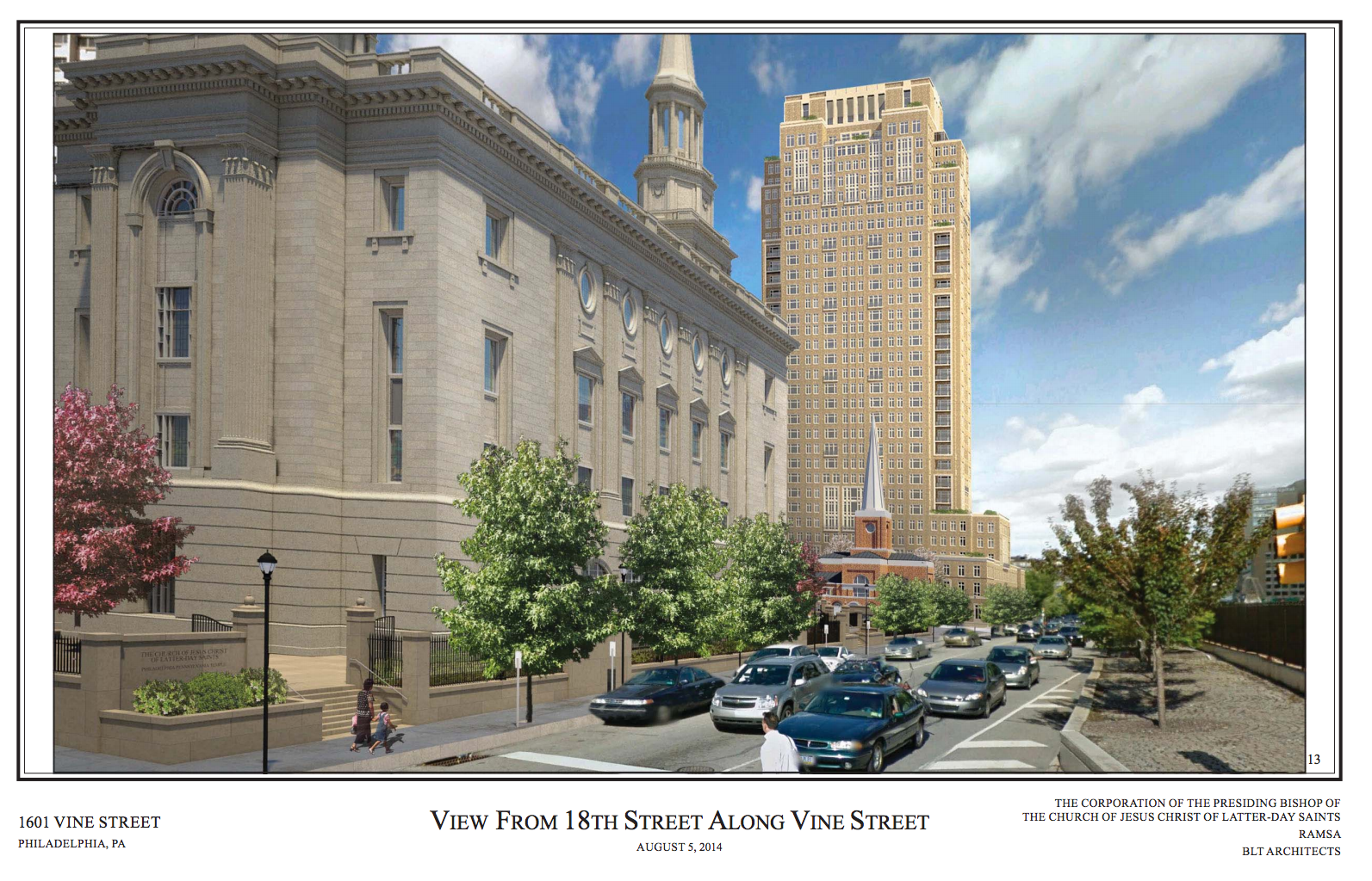 1601 Vine Street, Meeting House for the Church of Jesus Christ of Latter Day Saints with associated 277 dwelling unit residential tower and associated retail space. 