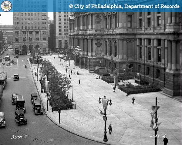 City Hall's north apron after 1936 WPA beautification project | PhillyHistory.org, Department of Records Archives