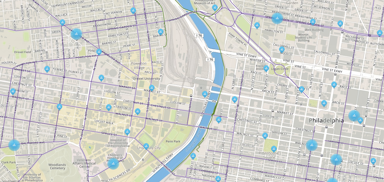 Section of map showing possible bike share stations, Draft from October 2014