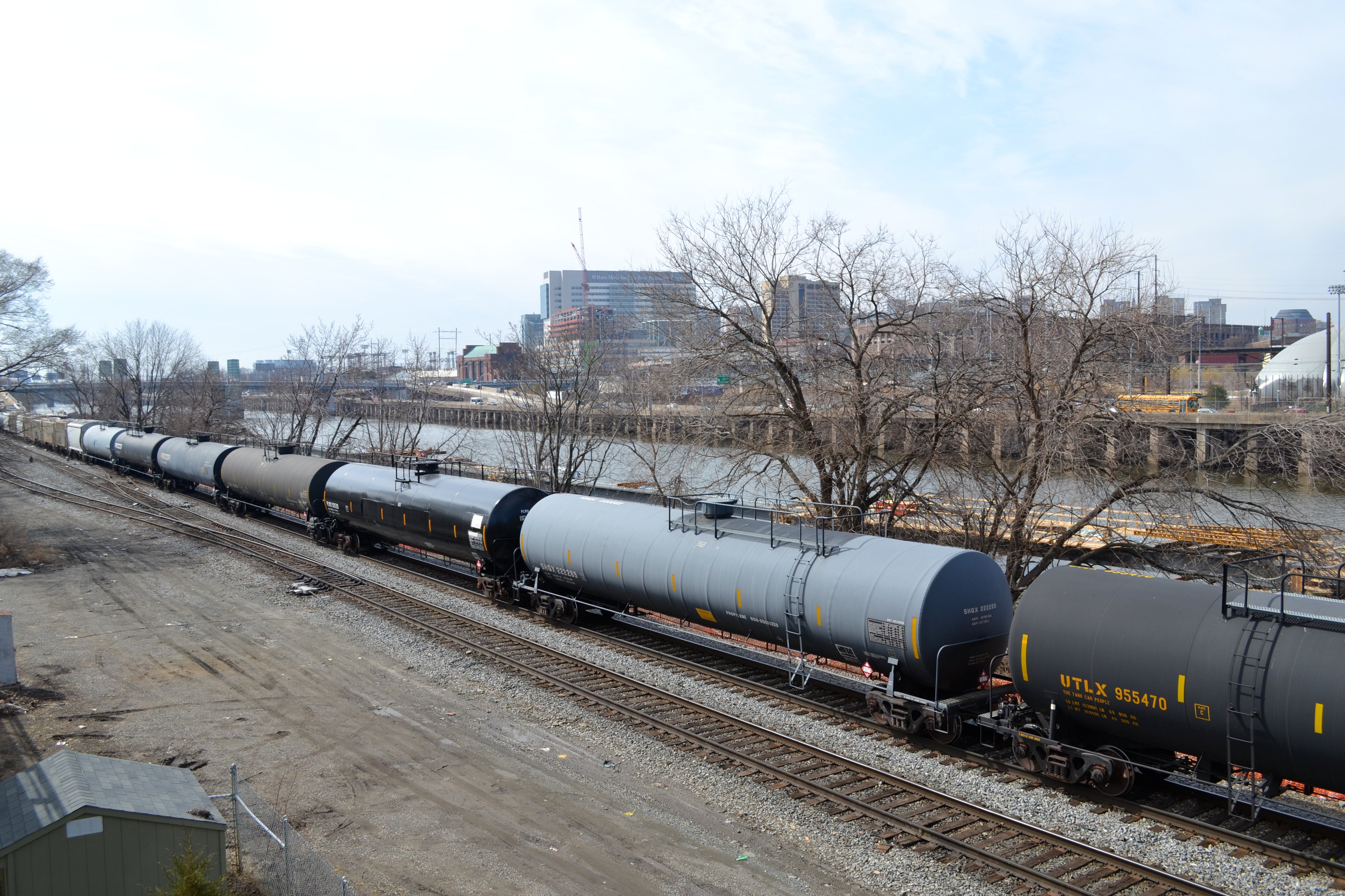 Freight cars on CSX tracks along the Schuylkill River