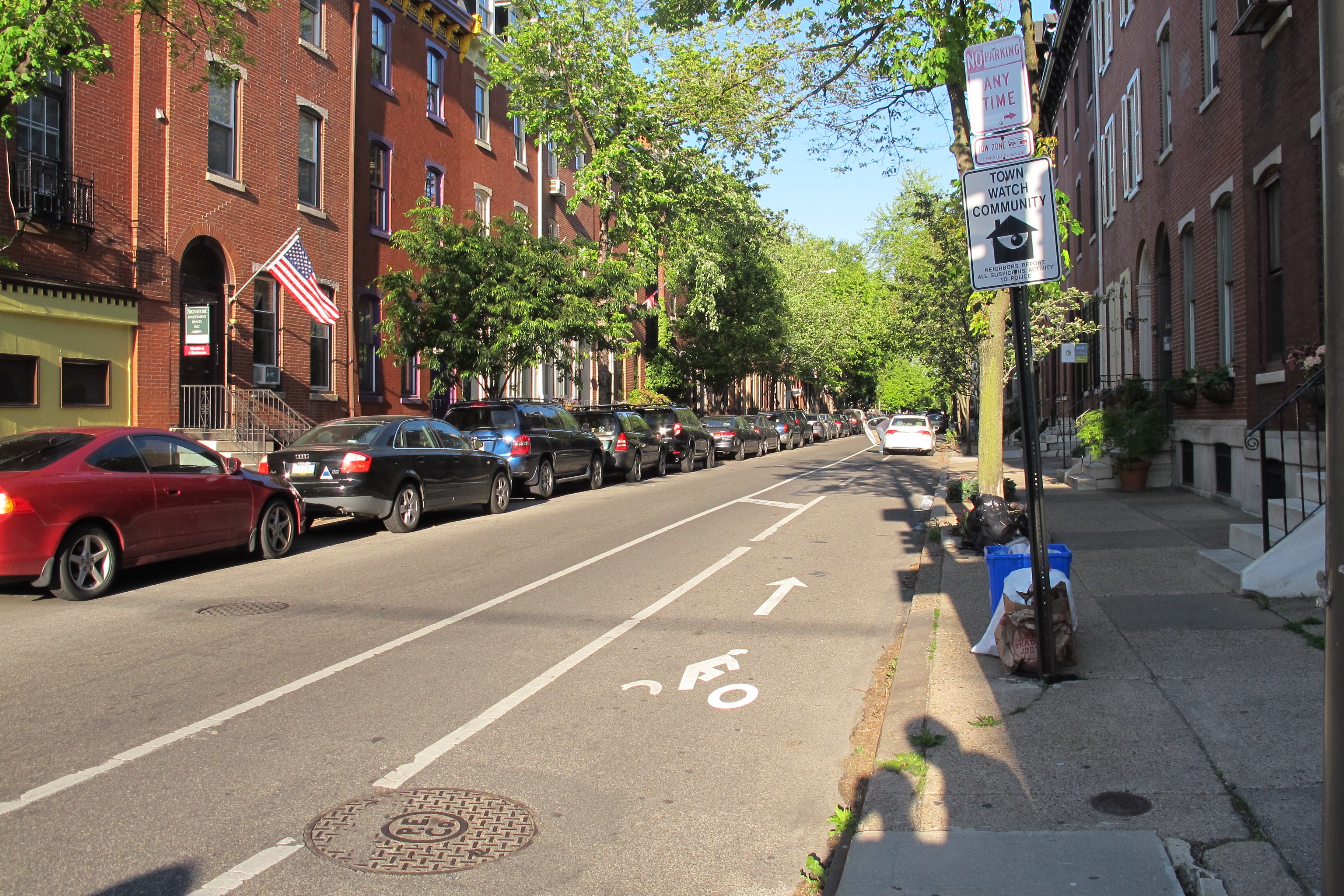 Looking east down the Pine Street bike lane, from 22nd Street.