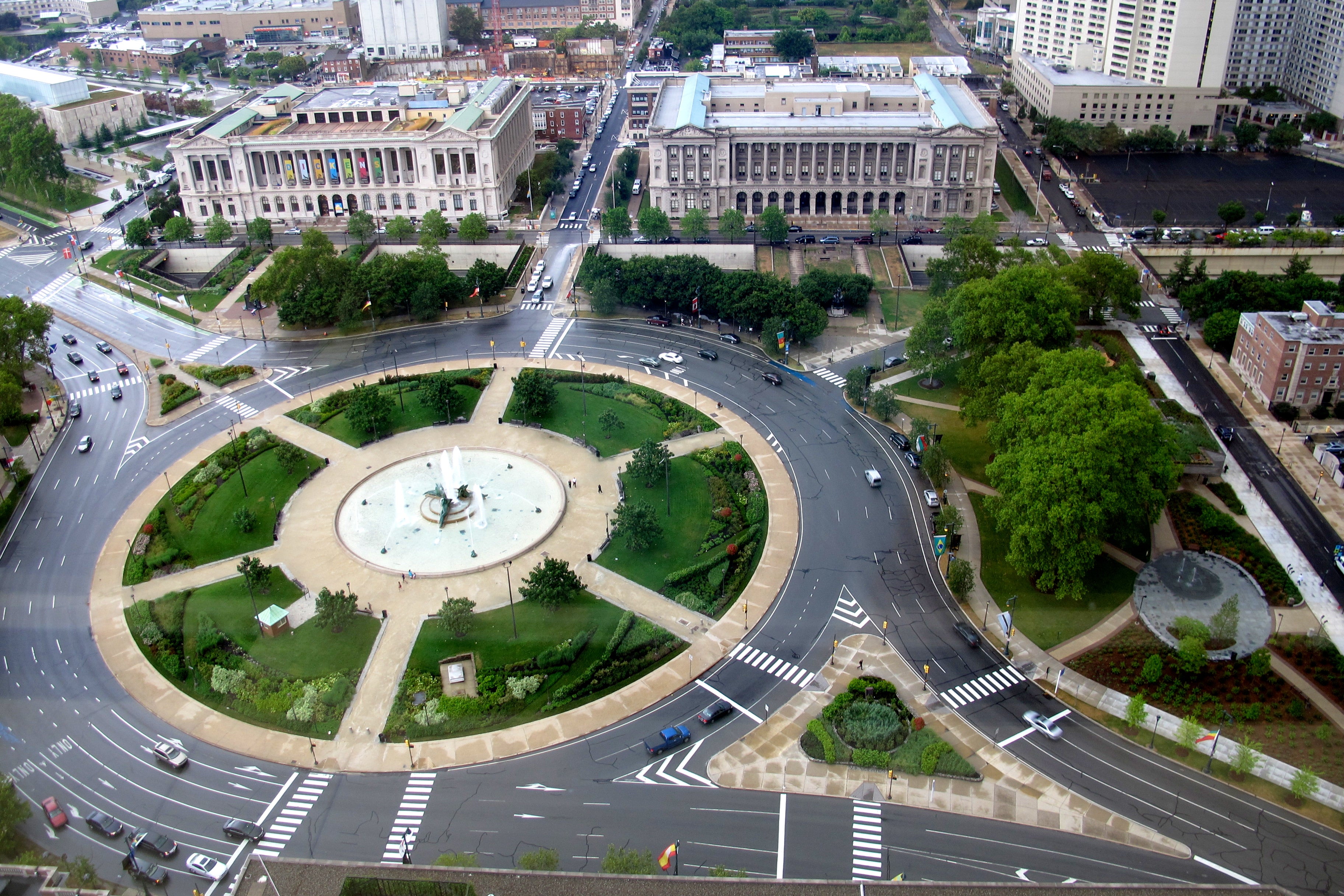 The Family Court Building (right) and Free Library help define Logan Square's civic architecture.