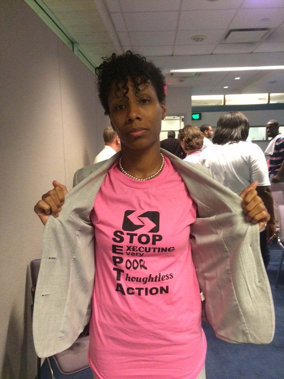Kimberly Washington shows off SEPTA protest shirt