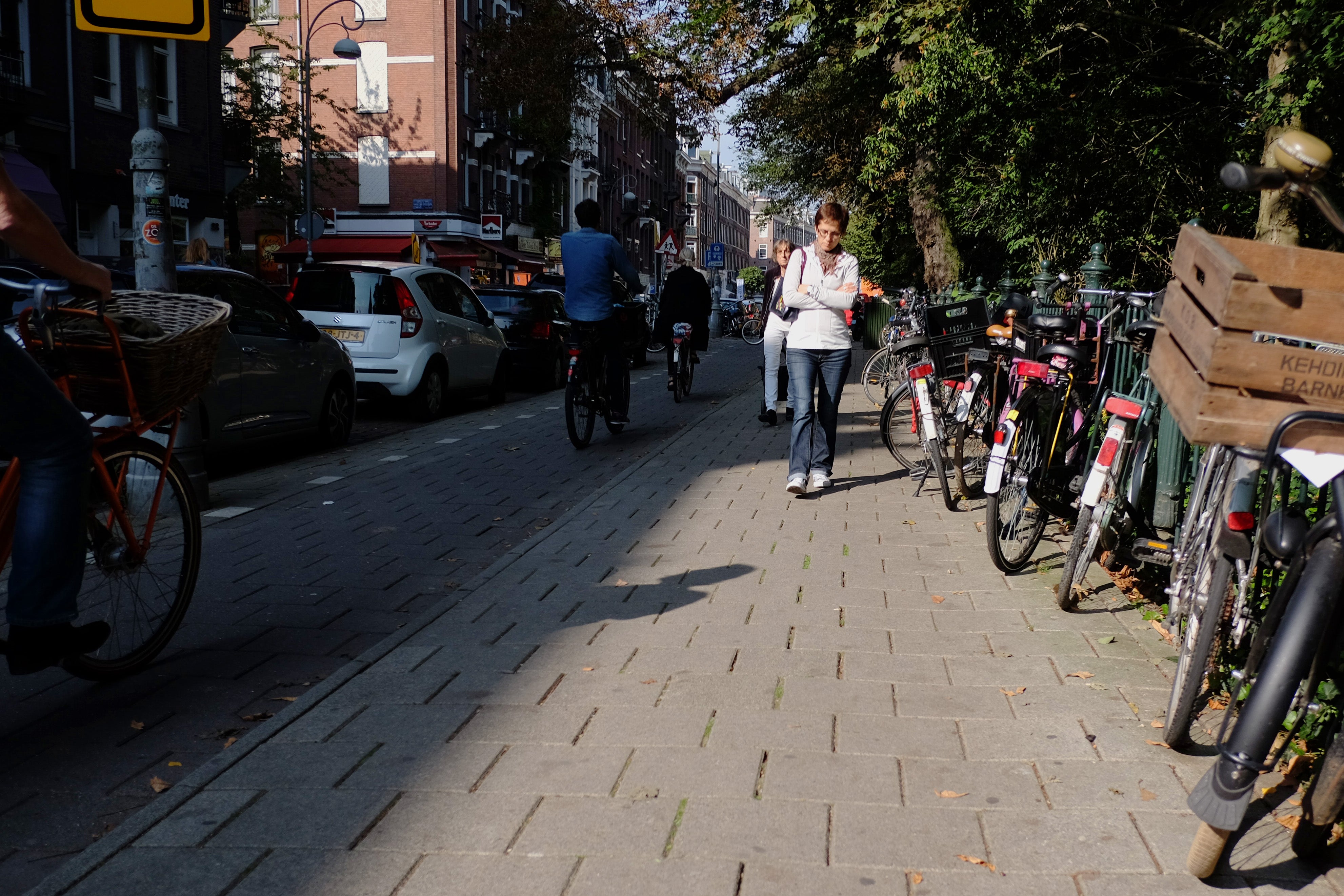 Parking, bike lane, sidewalk, fence in Amsterdam.
