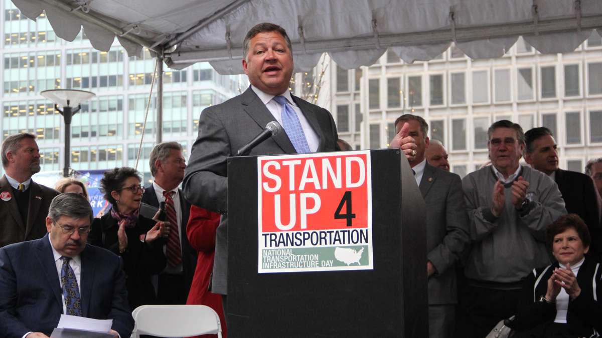 Rep. Bill Shuster speaks at transportation funding rally. Emma Lee / Newsworks