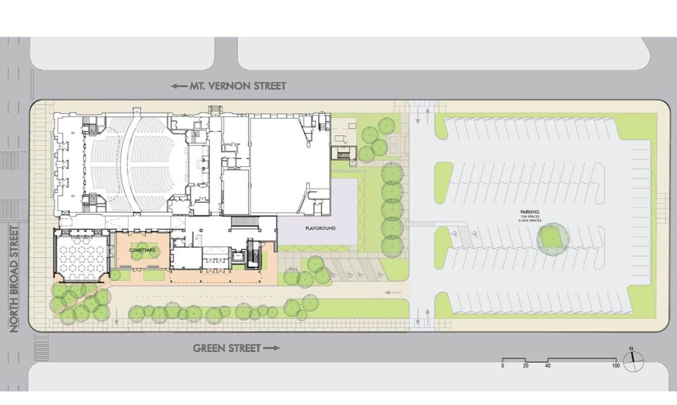 The landscaped site plan for the new Rodeph Shalom space.