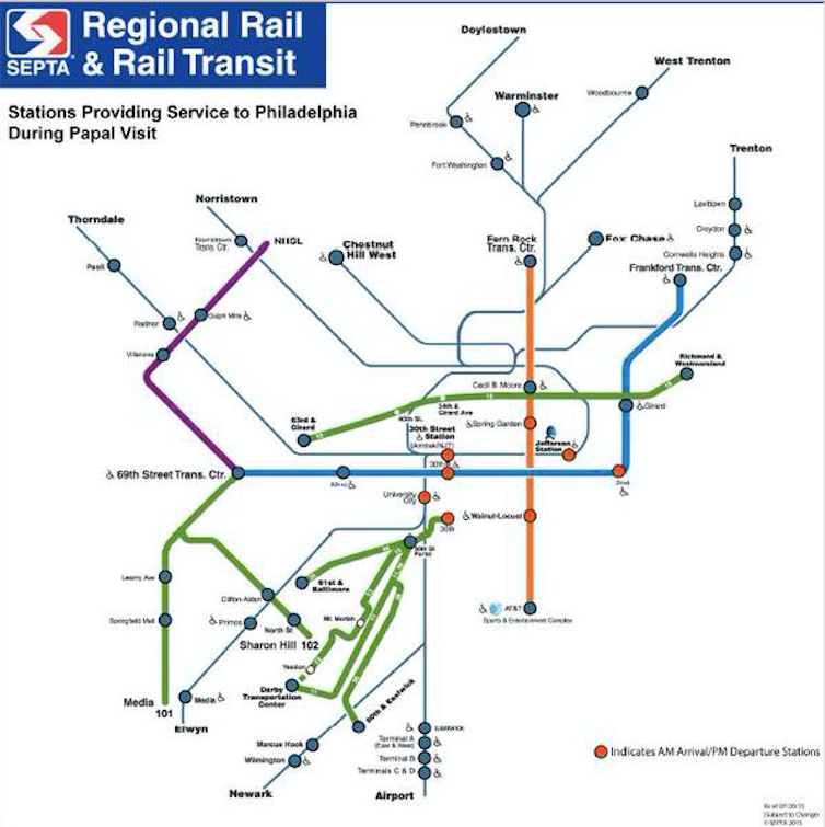 Updated SEPTA Regional Rail & Rail Map for Papal Visit