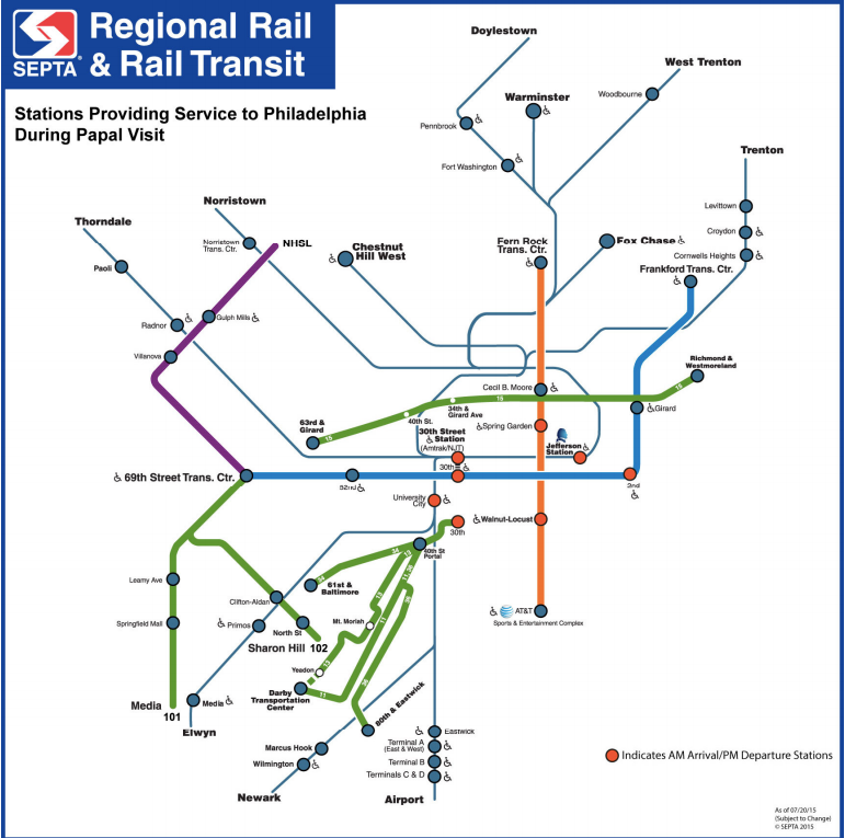 Updated SEPTA Regional Rail & Rail Transit Papal Visit Map