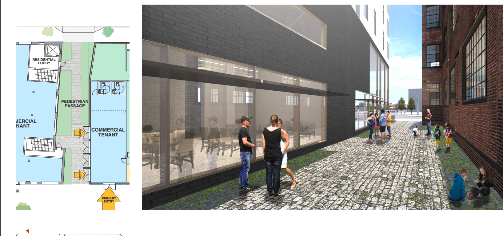 1100 N. Delaware Ave: passage between new construction and old Corner building | Stanev Potts Architects, Nov. 2016 CDR presentation