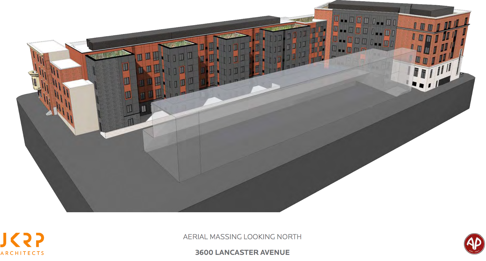 3600 Lancaster: Massing looking north | JKRP / AP, Nov. 2016 CDR presentation