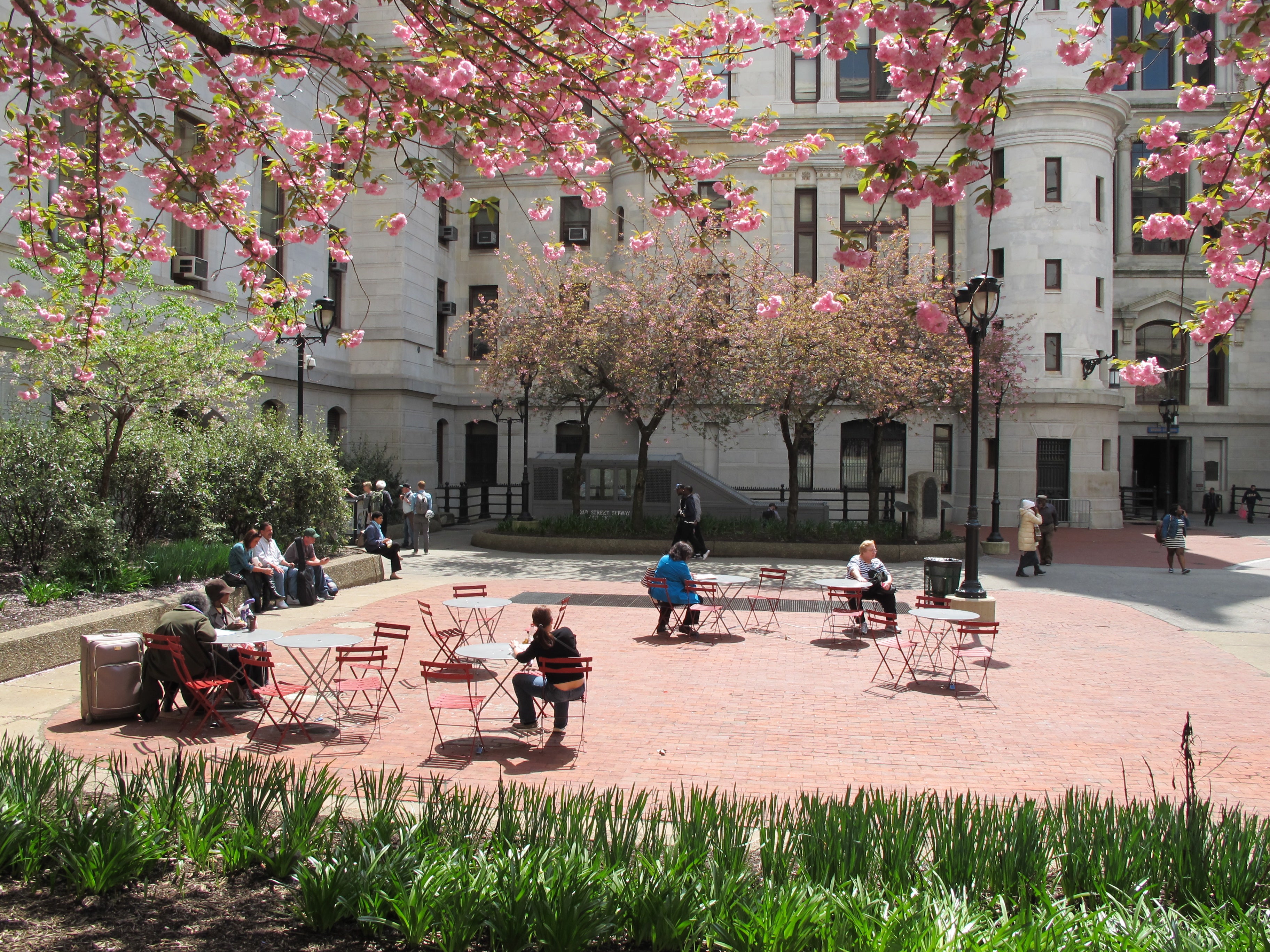 A corner of seating inside City Hall's courtyard