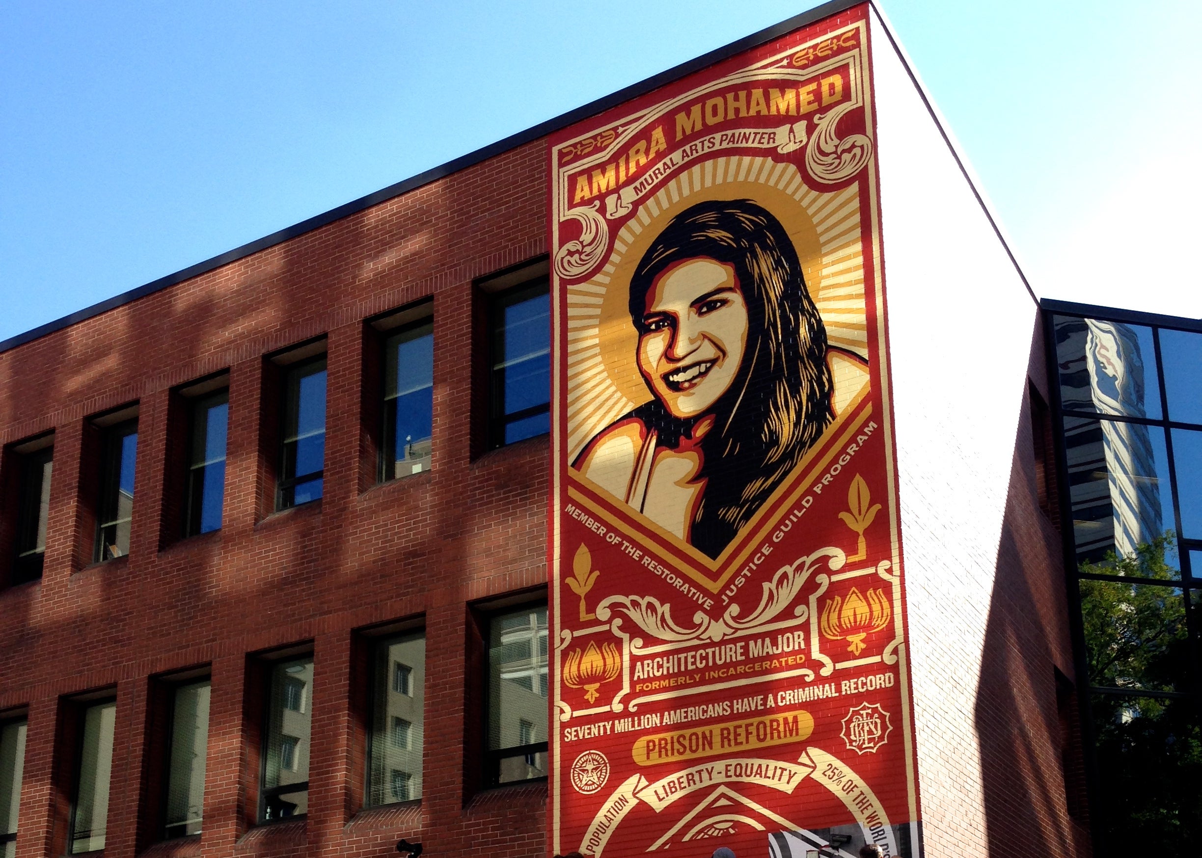 Amira Mohamed mural on the Friends Center 