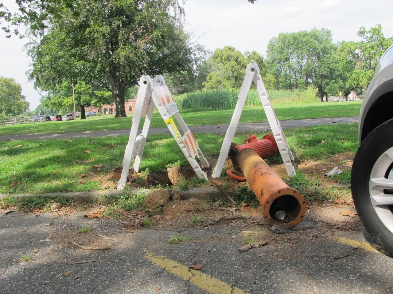 Broken fire hydrant Strawberry Mansion driveway